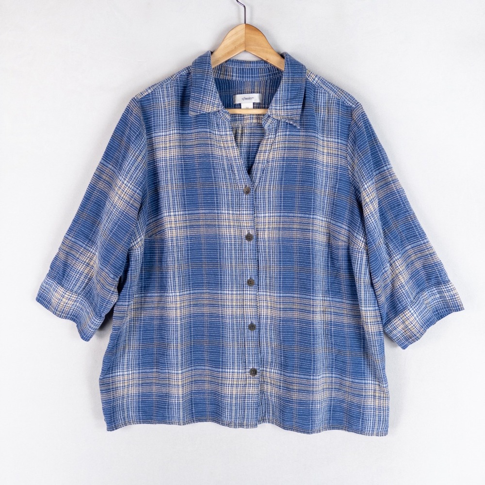 CJ Banks Shirt Womens 3X Blue Plaid 3/4 Sleeve Cotton Blend Casual Blouse